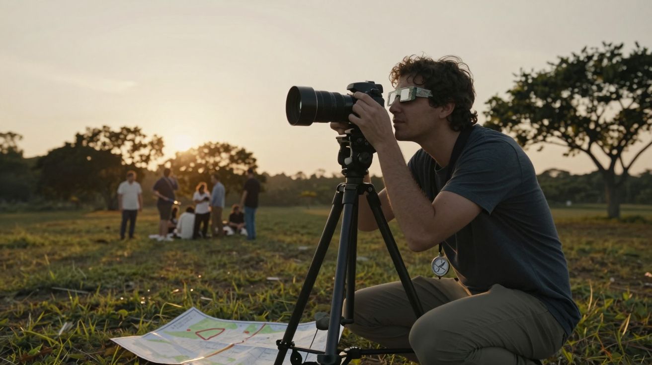 Homem fotografa pôr do sol num campo com um tripé e mapa, grupo de pessoas ao fundo.