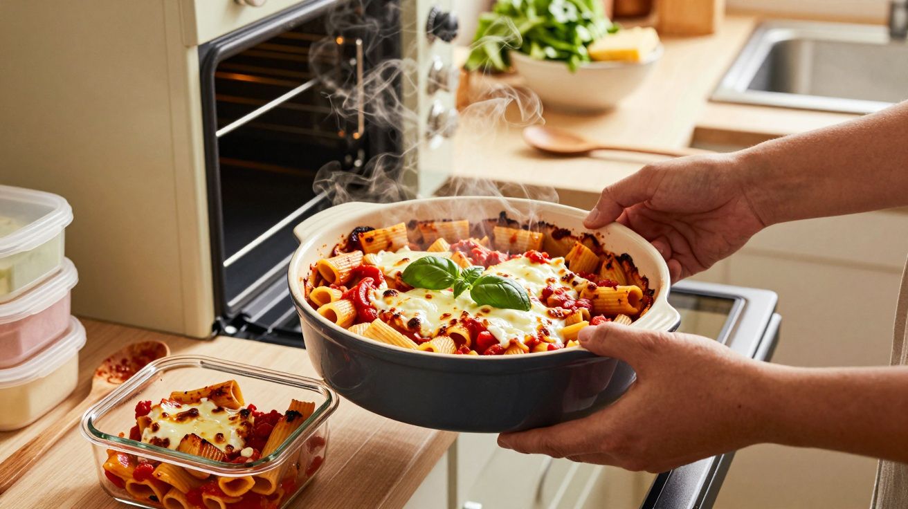 Pessoa segurando prato de massa saindo do forno, coberto com queijo derretido e folhas de manjericão, em cozinha moderna.