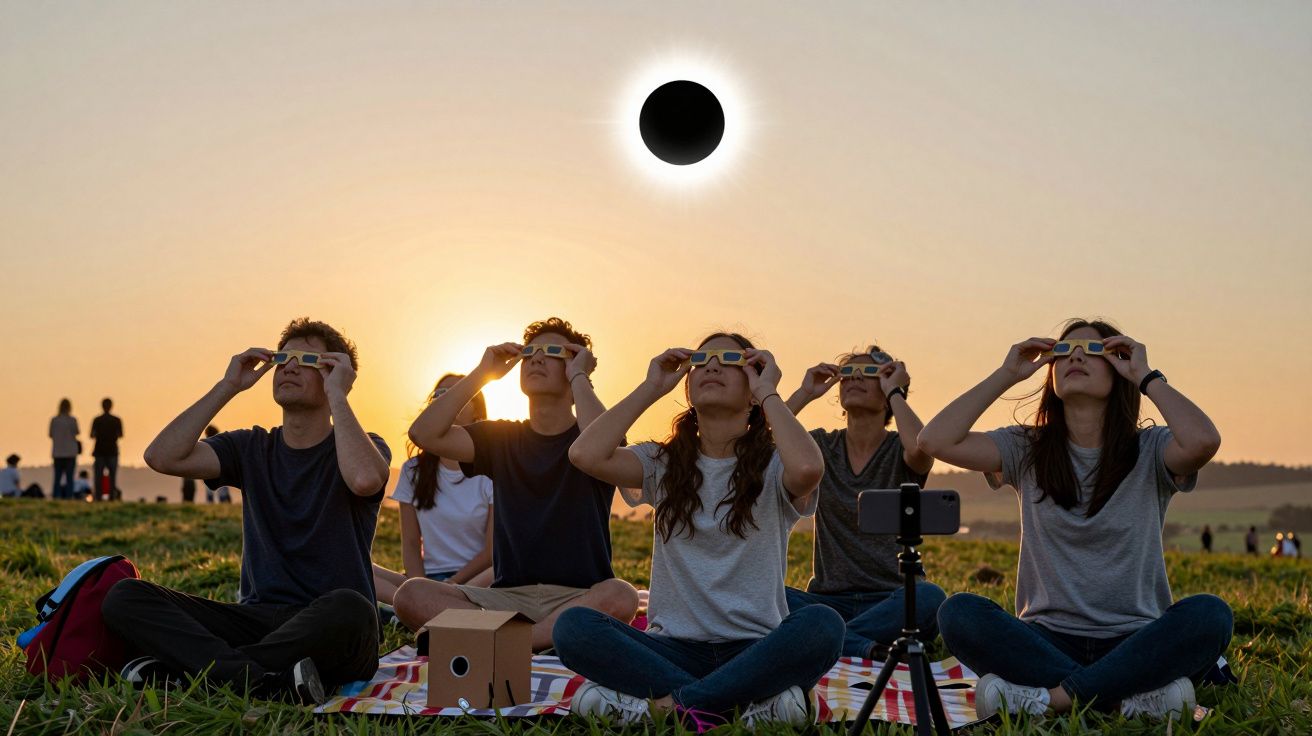 Grupo de pessoas sentadas na relva com óculos de proteção, observando um eclipse solar ao pôr do sol.
