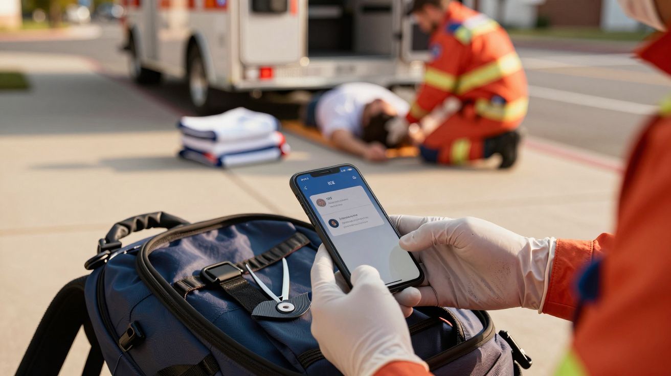 Paramédico com luvas usa um smartphone ao lado de uma ambulância, enquanto outro socorre uma pessoa deitada no chão.