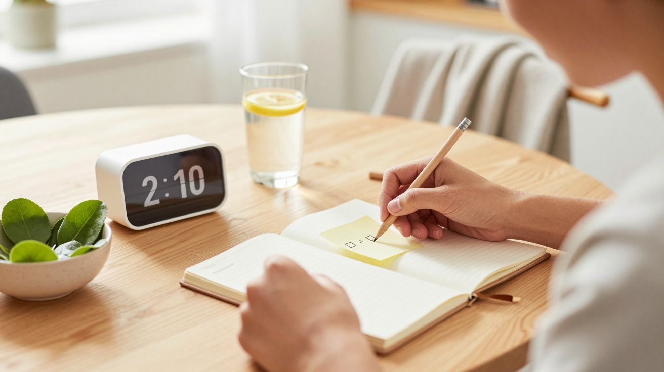 Pessoa escreve notas numa mesa com relógio digital, copo de água com limão e planta pequena.