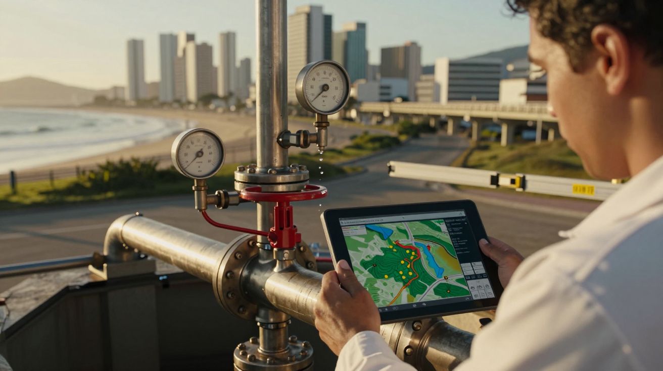Homem com tablet verifica dados num sistema de tubulação à beira-mar, cidade com arranha-céus ao fundo.