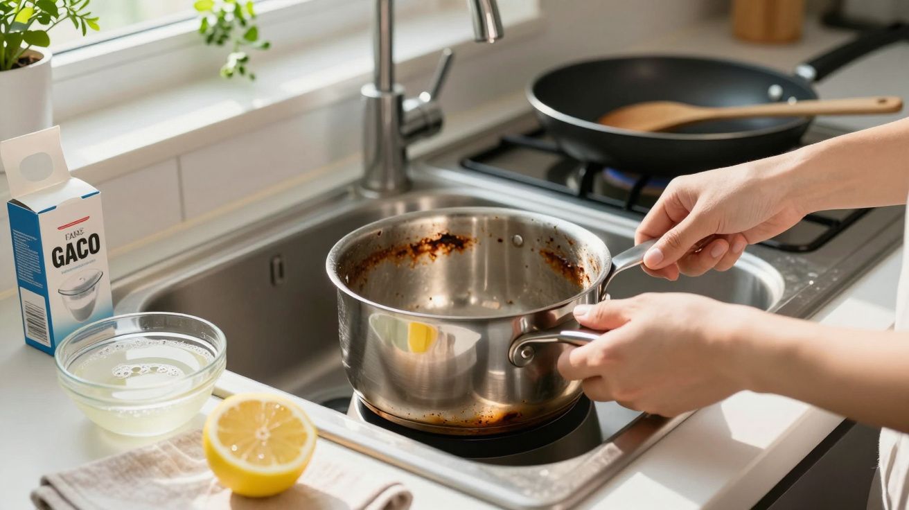 Pessoa limpa panela queimada na cozinha, com bicarbonato e limão ao lado da pia.