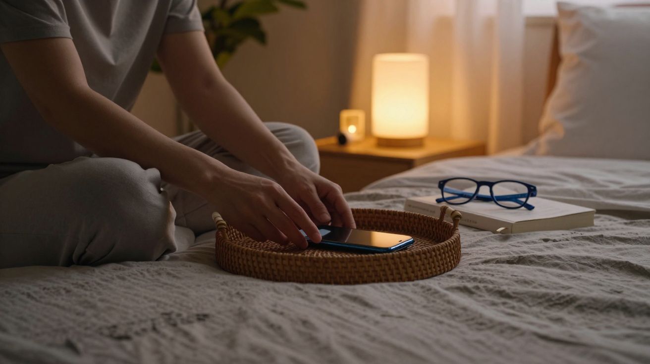 Pessoa sentada na cama coloca um telemóvel numa cesta junto a óculos e caderno; luz suave no quarto iluminado.