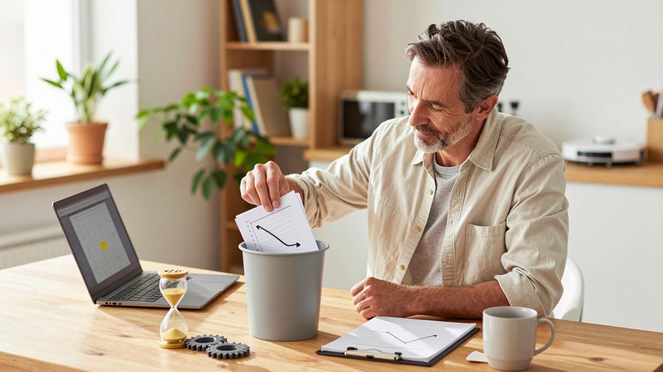 Homem descarta papel com gráfico num caixote. Mesa com portátil, ampulheta e chávena. Ambiente de escritório.