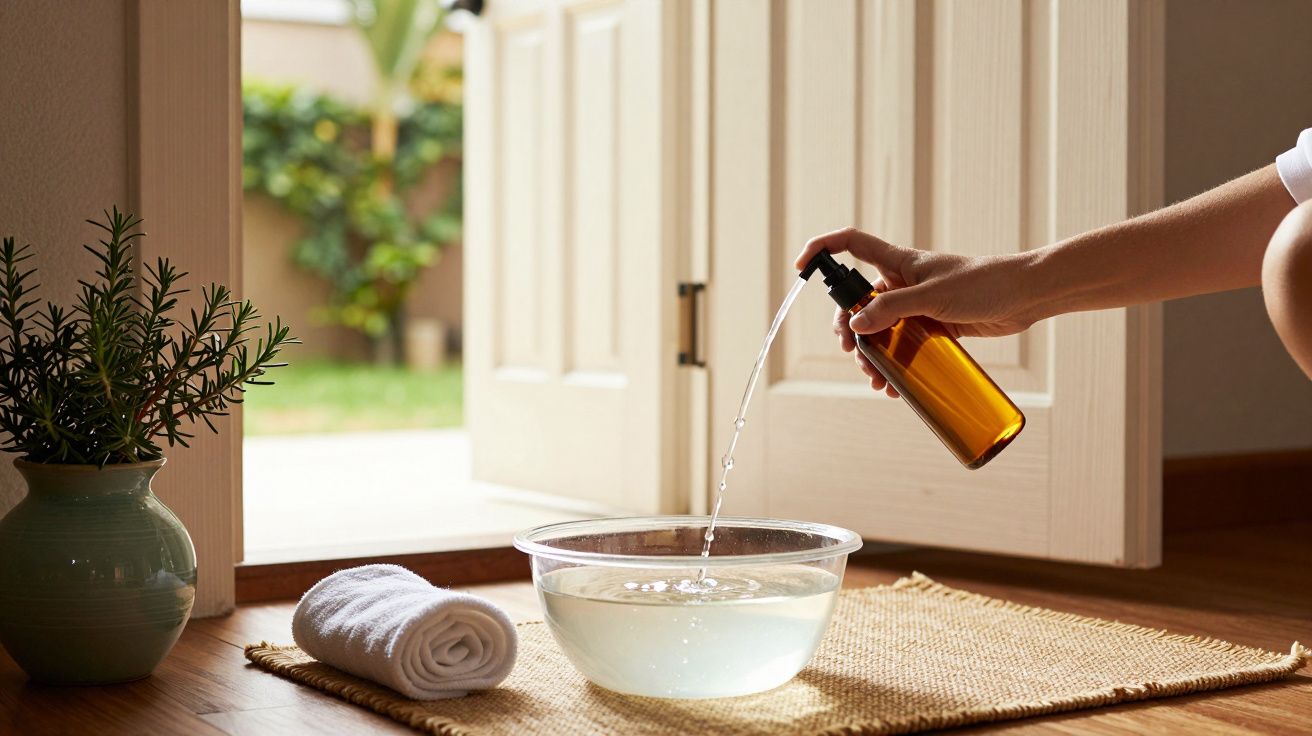 Mão segurando frasco âmbar borrifando líquido em bacia de água sobre tapete, com toalha enrolada e planta ao lado.