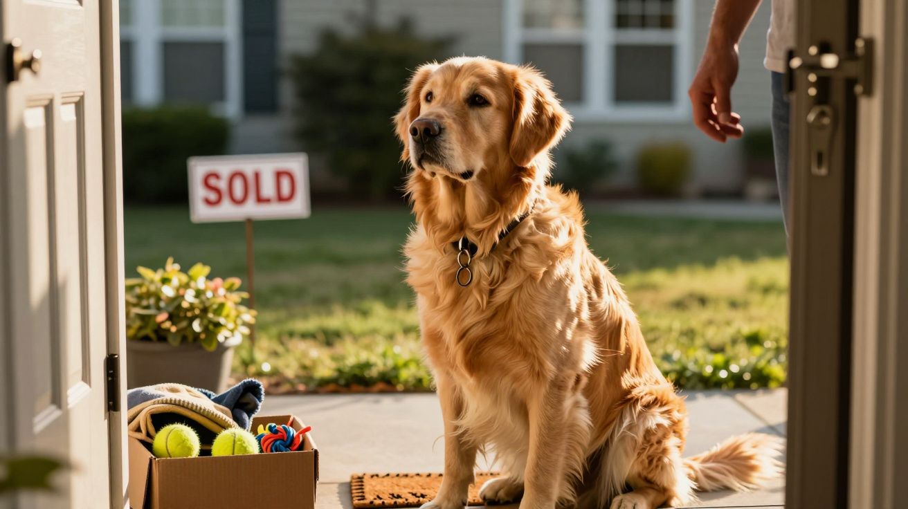 Golden retriever sentado numa porta aberta, ao lado de uma caixa de brinquedos e uma placa de "vendido" no jardim.
