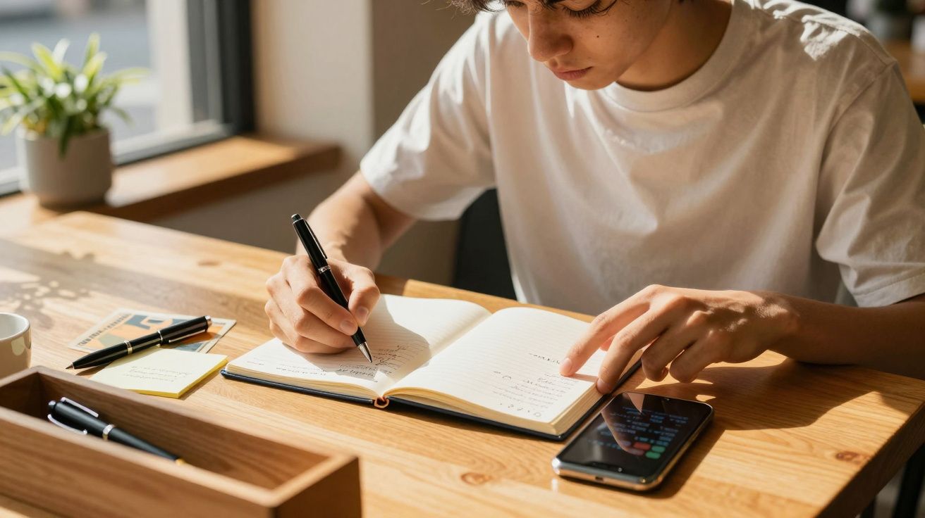 Jovem de camiseta branca escreve num caderno à mesa, com um telemóvel ao lado e luz natural vinda da janela.