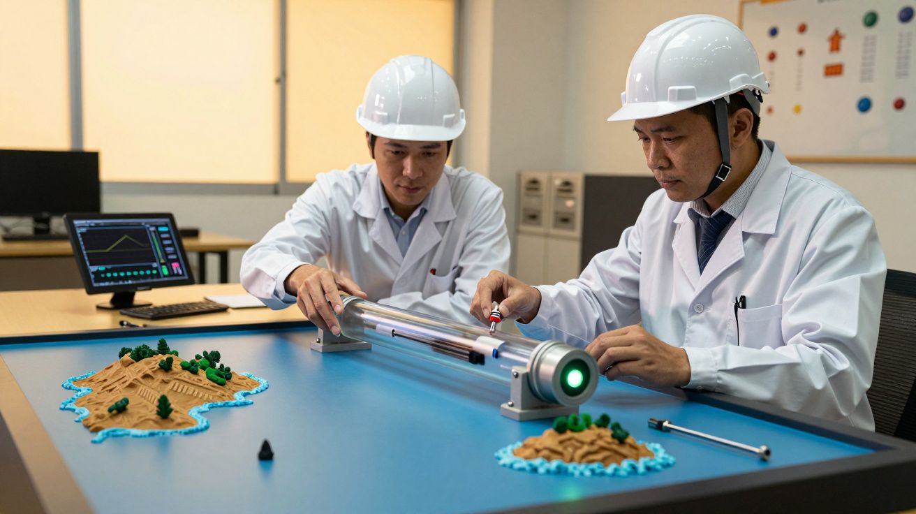 Dois engenheiros com capacetes brancos analisam um cilindro de metal numa mesa com modelo de terreno e PC ao fundo.