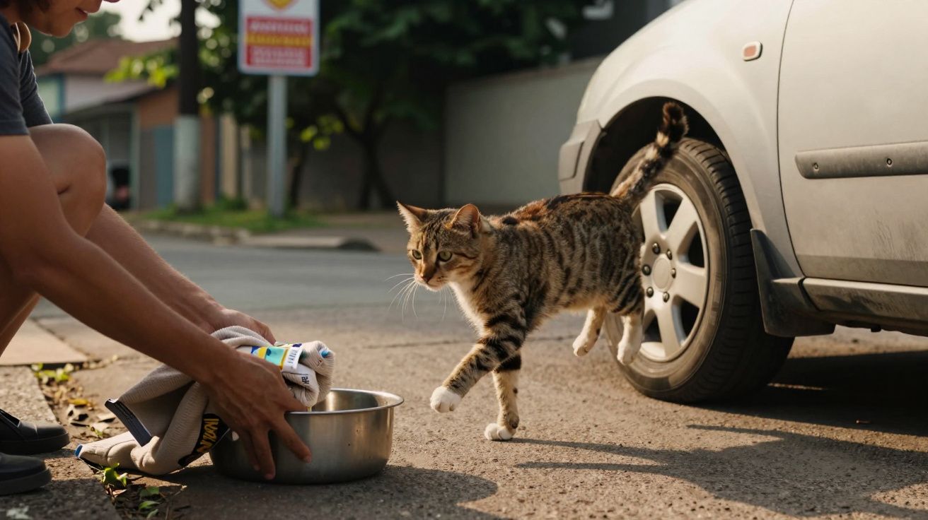 Pessoa coloca comida numa tigela para um gato listrado na estrada ao lado de um carro.