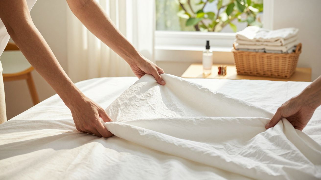 Mãos ajeitam lençol branco numa cama; ao fundo, janela com plantas e cesto com toalhas dobradas.