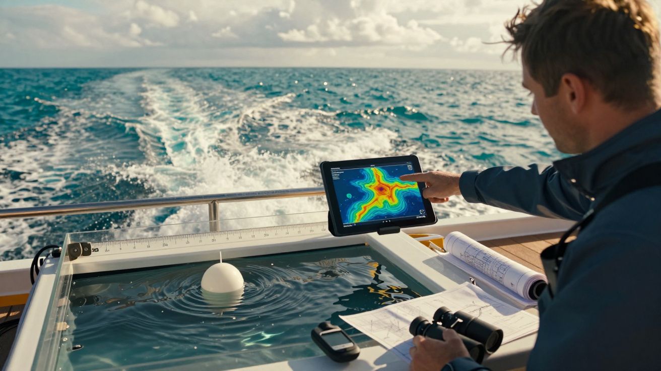 Homem num barco usa tablet com mapa de calor enquanto navega no mar.