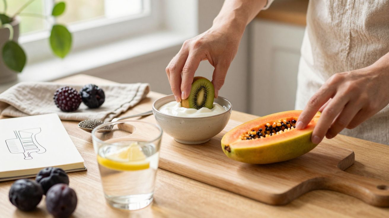Mãos preparam kiwi sobre iogurte e mamão cortado, com amoras, copo de água e livro ao fundo, em bancada de cozinha.