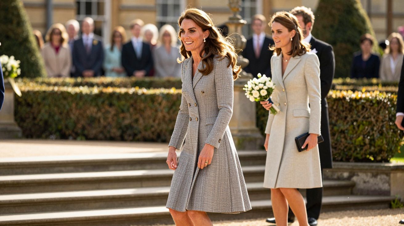 Mulheres em casacos cinzentos caminham ao ar livre, uma segurando flores. Pessoas indistintas ao fundo.