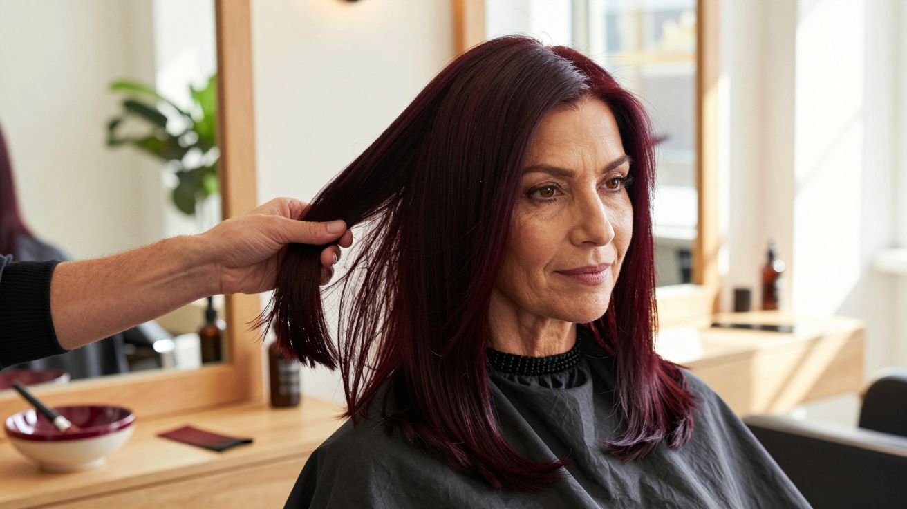 Mulher de cabelo escuro no cabeleireiro, enquanto alguém segura uma mecha do seu cabelo em ambiente iluminado.