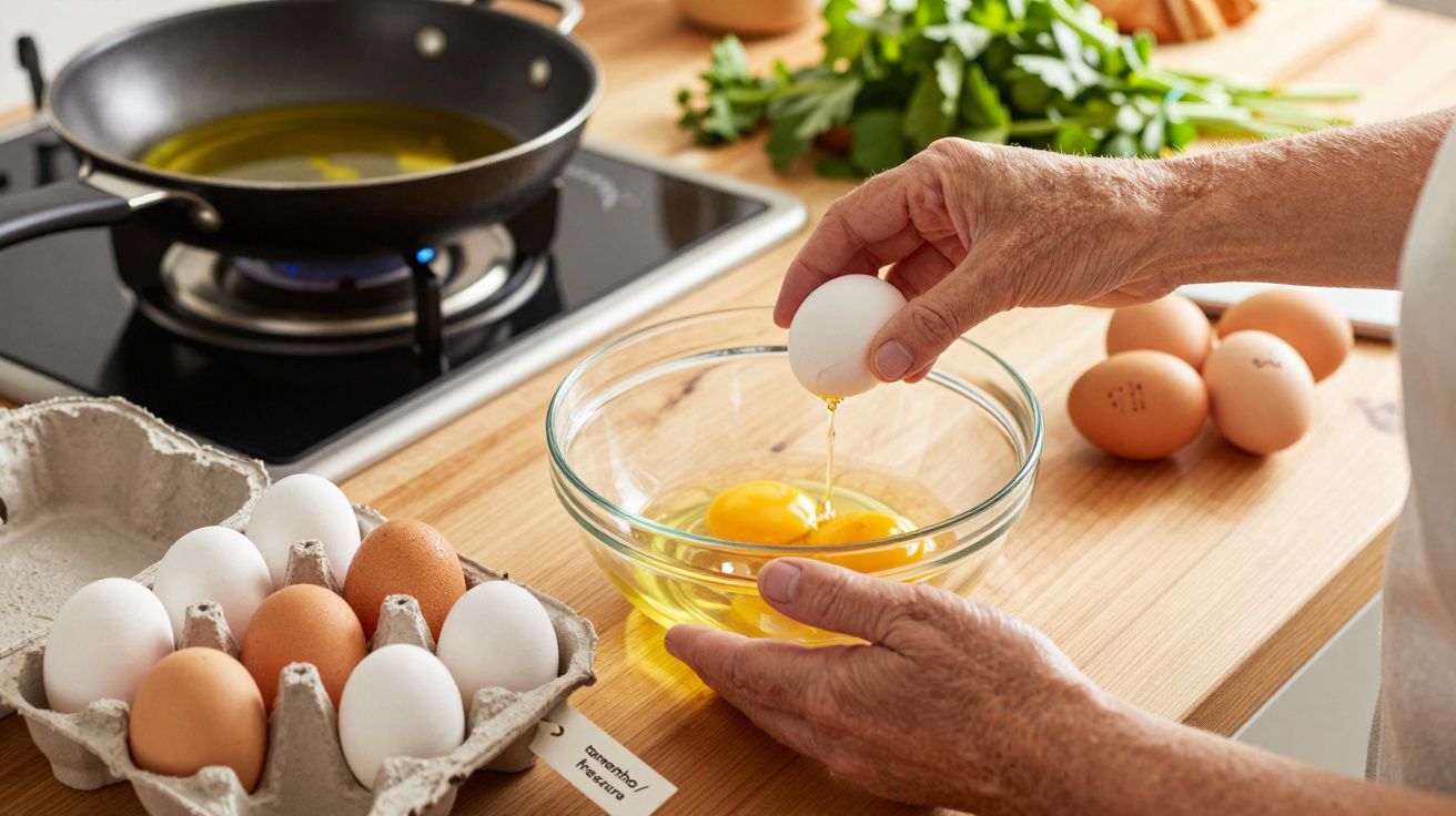 Mãos a quebrar ovos para uma tigela transparente numa cozinha, com frigideira e ervas ao fundo.