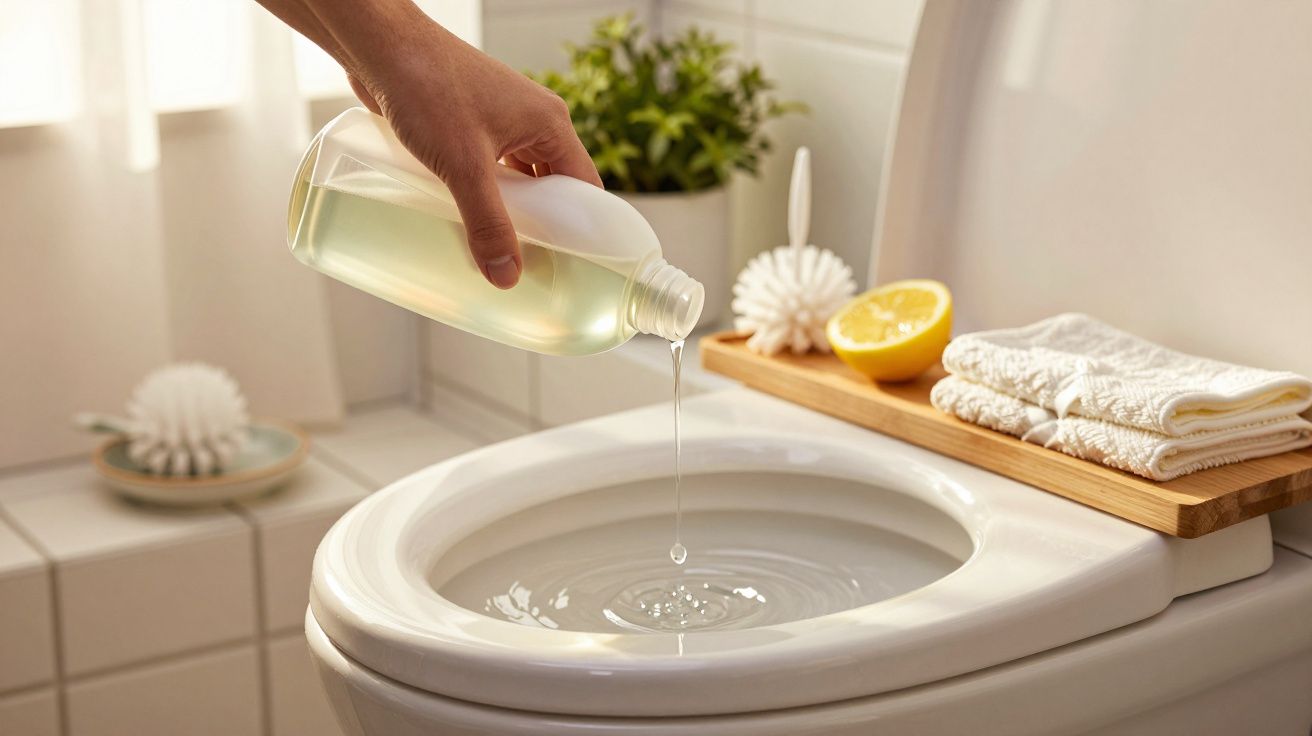 Mão a despejar líquido de limpeza numa sanita, com toalhas e limão ao lado num WC.