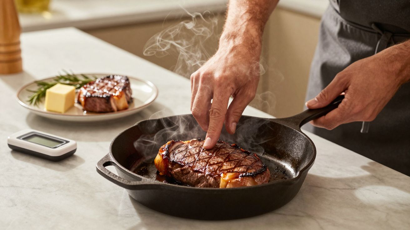 Pessoa verifica cozimento do bife grelhado em frigideira de ferro. Bife com manteiga e alecrim no prato ao fundo.