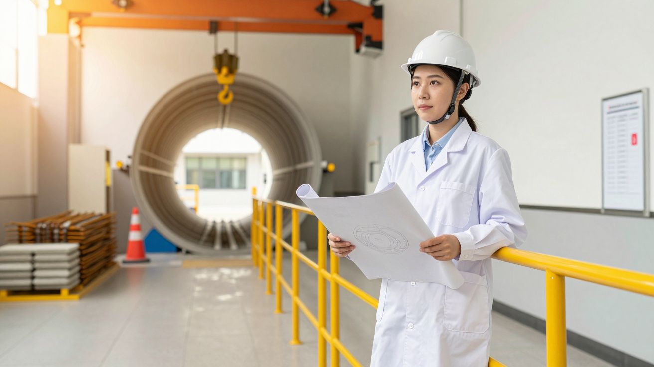 Engenheira com capacete e uniforme branco segura mapas em fábrica, com tubo grande ao fundo.