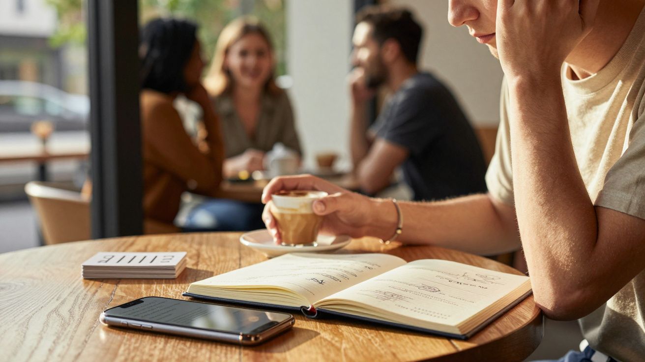 Pessoa a beber café com caderno na mesa num café, enquanto ao fundo duas pessoas conversam.
