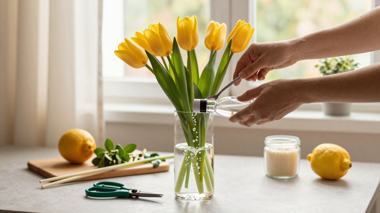 Pessoa a adicionar fertilizante em jarro com tulipas amarelas numa mesa, ao lado de limões, castiçal e tesoura.