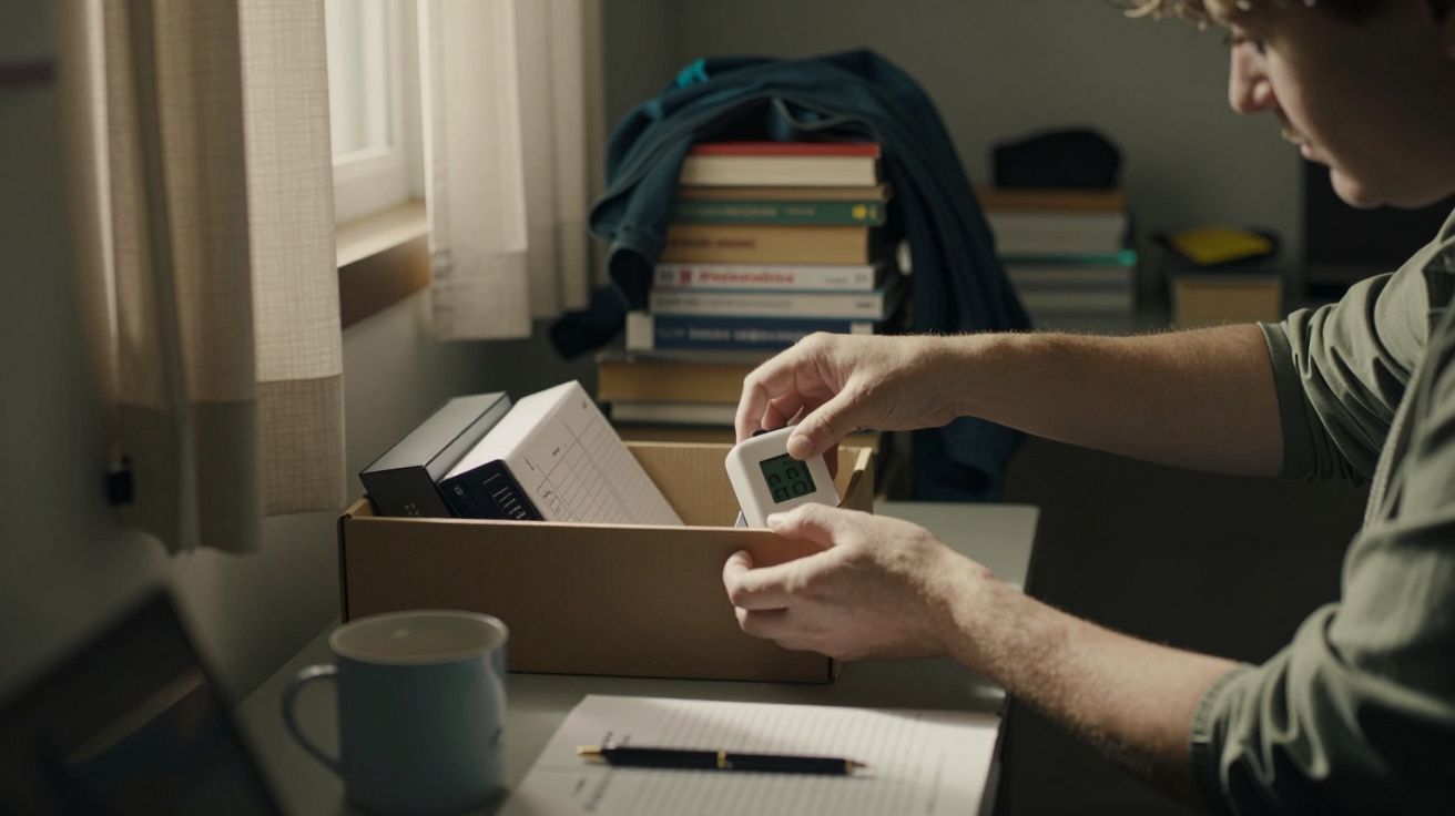 Homem segura dispositivo digital sentado à secretária, com livros ao fundo e chávena ao lado.
