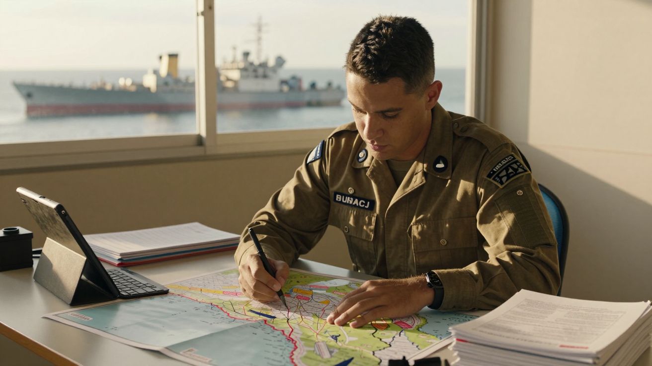 Homem fardado analisa mapa em mesa com tablet, navio ao fundo pela janela.
