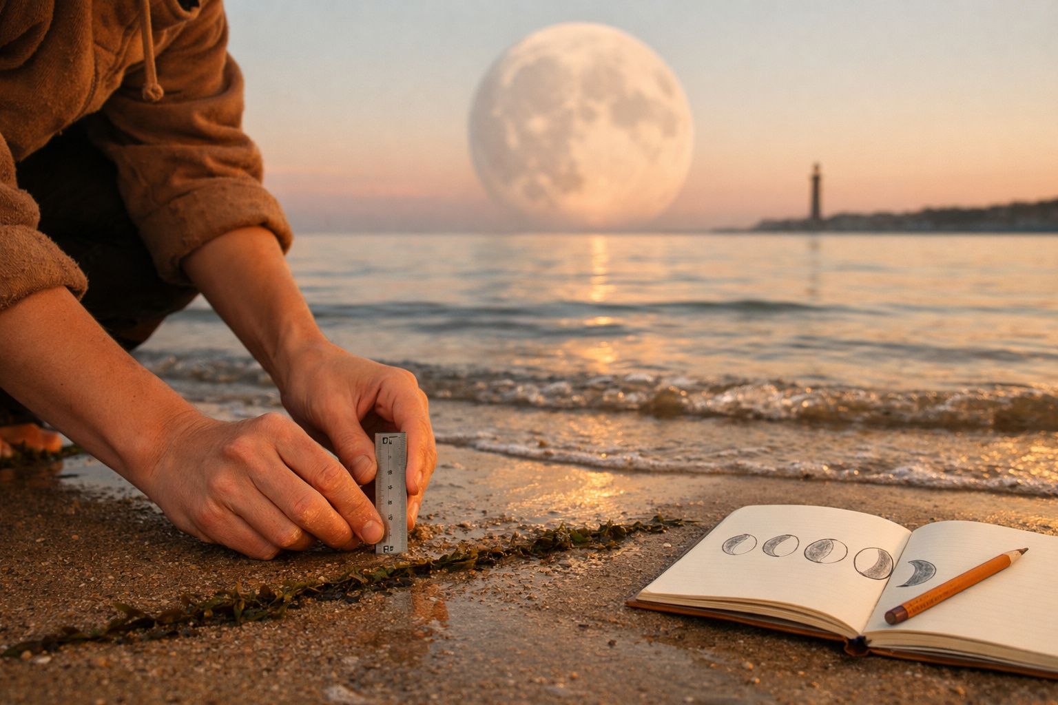 Homem a recolher amostra de água na praia ao pôr do sol, com caderno e caneta ao lado.