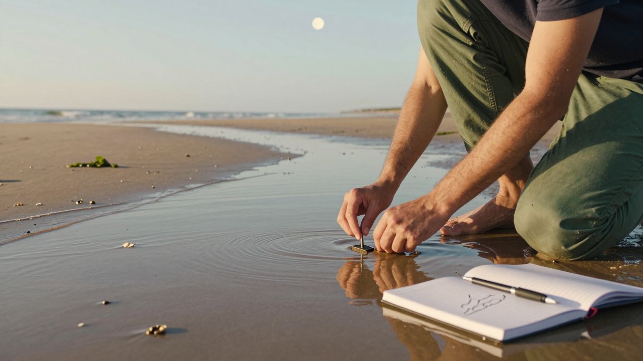 Pessoa ajoelhada na praia colhendo amostra de água, ao lado de um caderno aberto na areia.