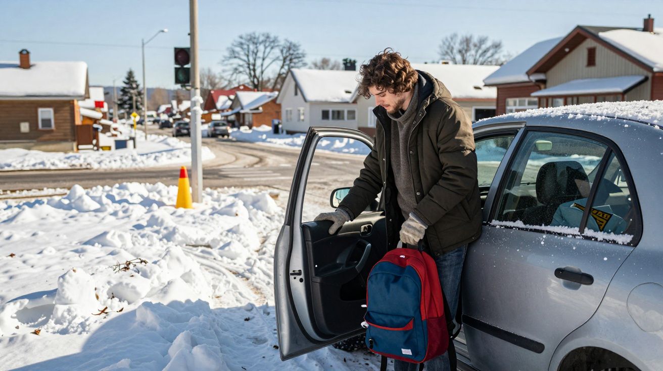 Homem de casaco cinza saindo de um carro numa rua nevada, segurando uma mochila vermelha e azul.