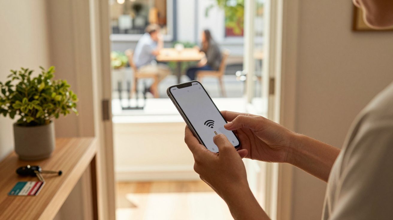 Pessoa segura smartphone com ícone de Wi-Fi, mesa com plantas e chaves ao lado, pessoas ao fundo desfocadas.