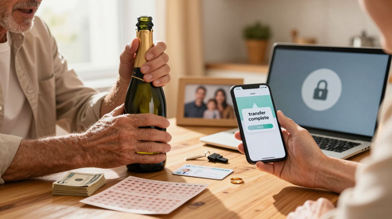 Duas pessoas à mesa; uma segura espumante, outra um telemóvel com "transferência concluída". Dinheiro e laptop ao fundo.