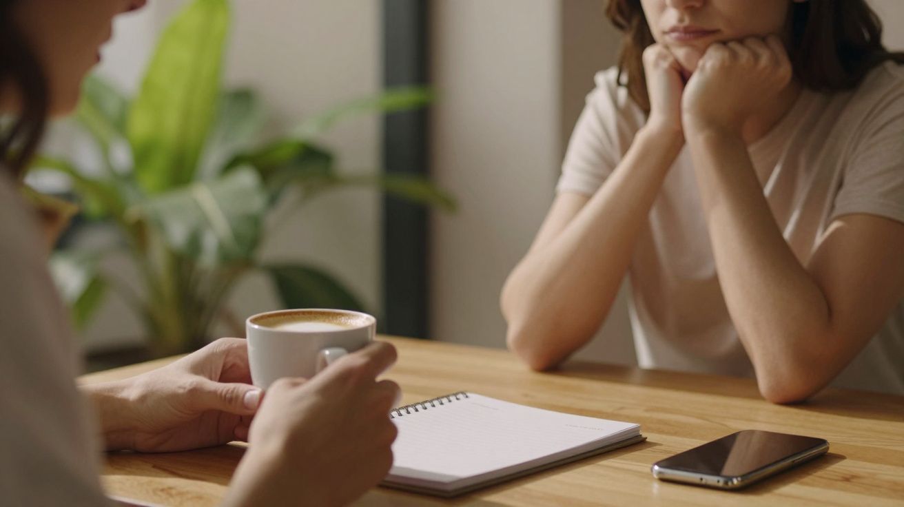 Duas pessoas sentadas à mesa, uma com chávena de café e bloco de notas, outra com smartphone ao lado.