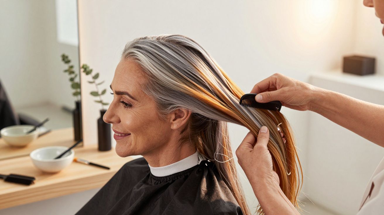 Mulher madura feliz no salão, cabelo penteado por cabeleireiro, espelho e plantas ao fundo.