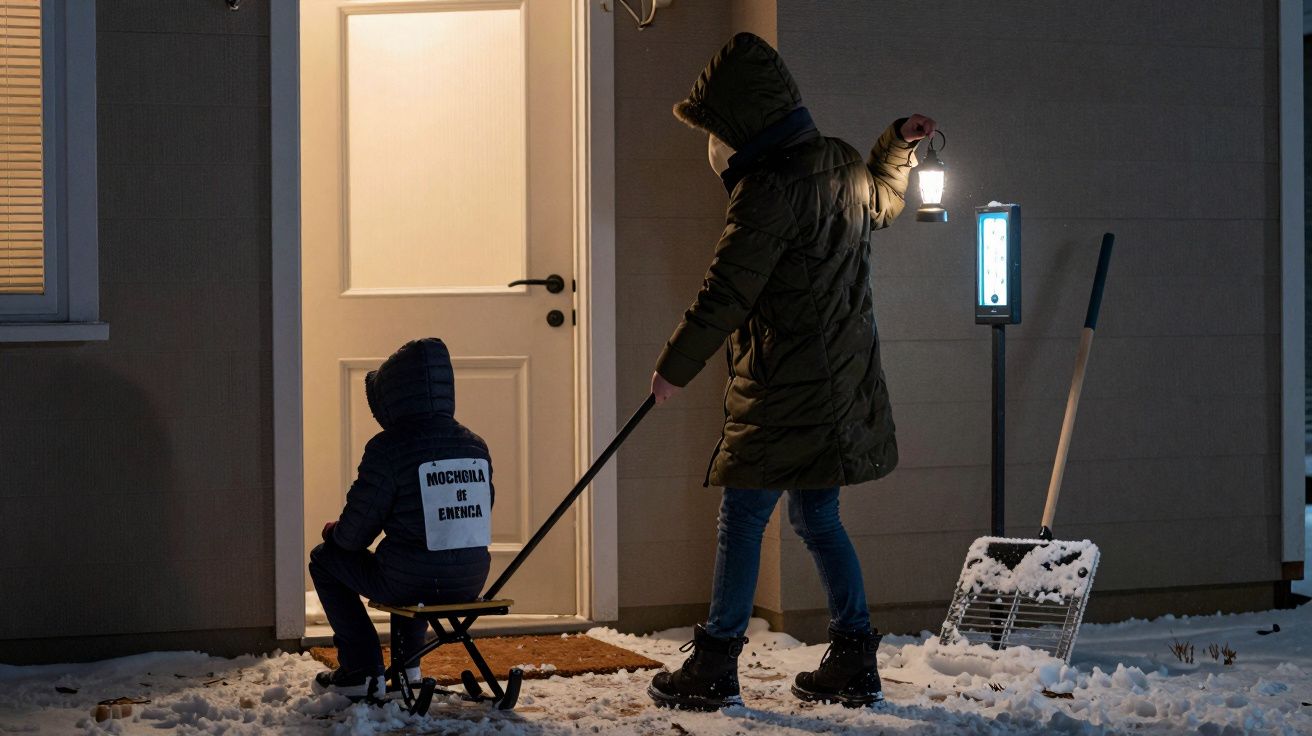 Uma pessoa puxa um trenó com uma criança em frente a uma porta iluminada, com neve no chão e uma pá ao lado.