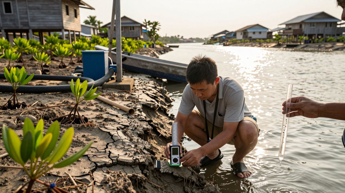 Homem analisa solo rachado junto a um rio, enquanto segura equipamento. Casas sobre estacas ao fundo.