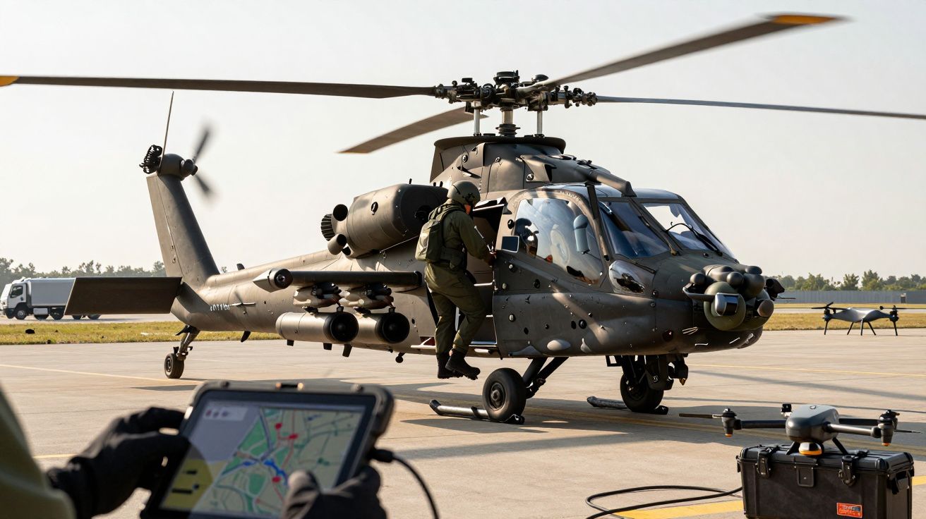 Helicóptero militar estacionado em pista, um soldado a subir a bordo; tablet e drone em primeiro plano.