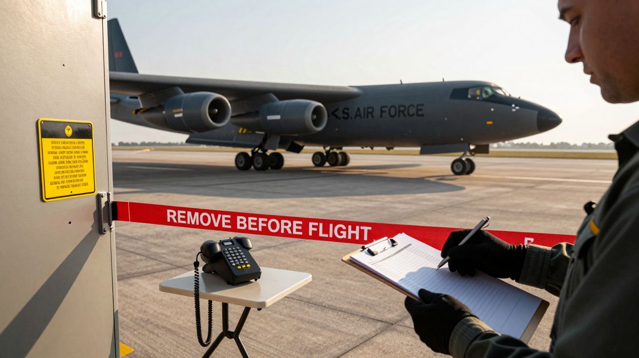 Aviação militar na pista, com técnico verificando lista de controlo. Sinal "Remove Before Flight" em destaque.