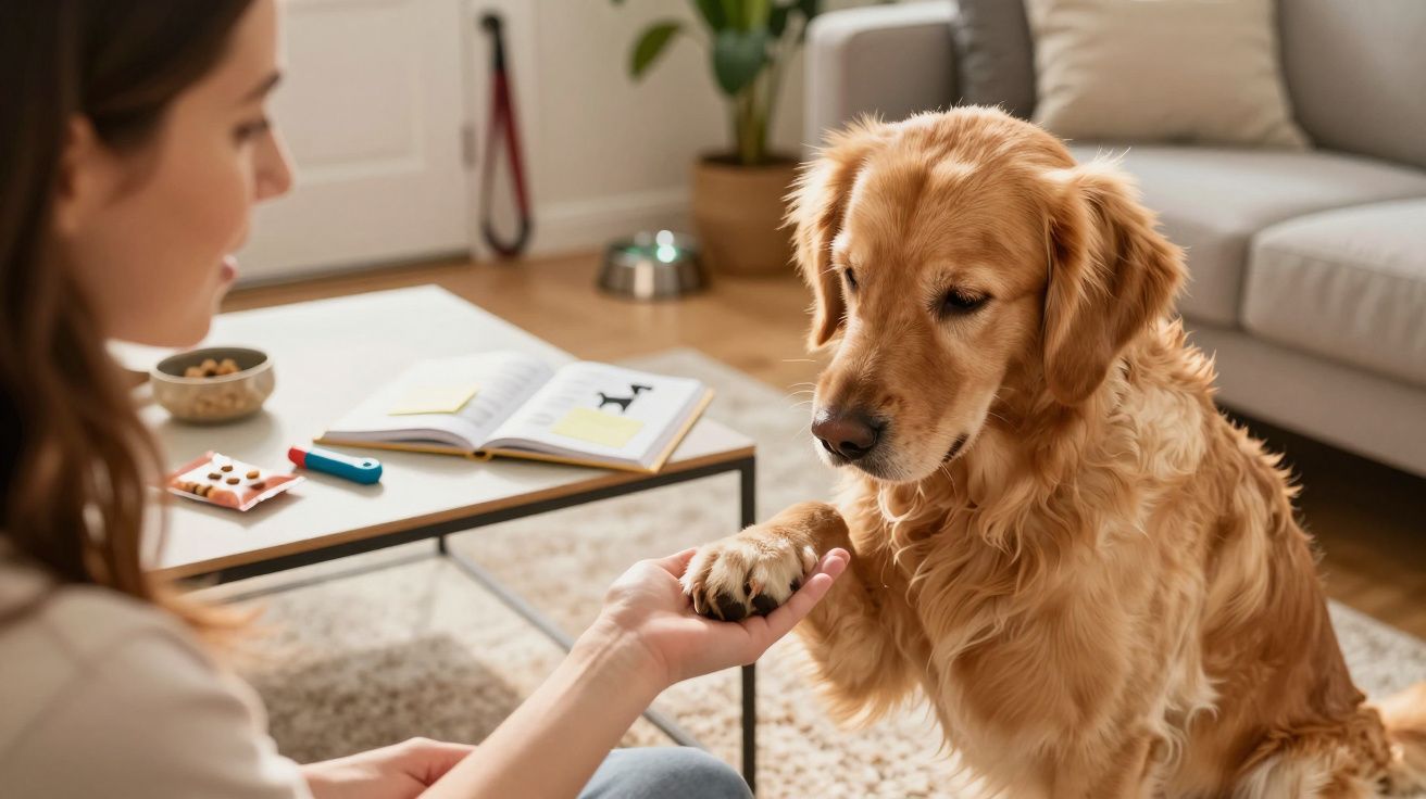 Mulher dá a mão a um cão golden retriever, num ambiente de sala de estar com livros e brinquedos sobre a mesa.