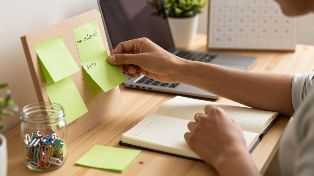 Pessoa organizando post-its verdes numa secretária com caderno, laptop e jarro com clips.