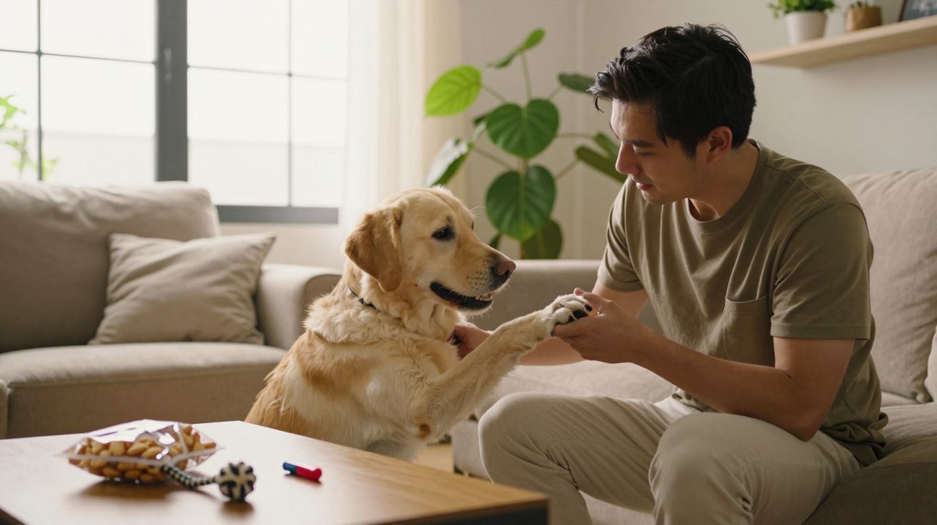 Homem sentado no sofá dá a pata ao seu cão labrador em sala de estar iluminada.