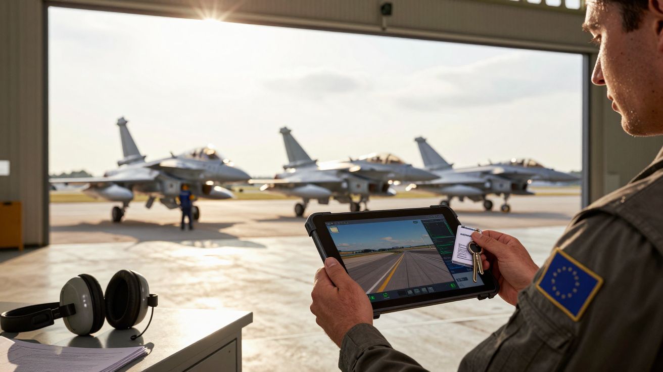Piloto com tablet observa três aviões de guerra numa pista de voo, à saída de um hangar.