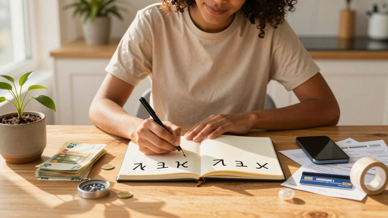 Mulher escreve num caderno numa mesa com dinheiro, smartphone, plantas e documentos ao seu redor.