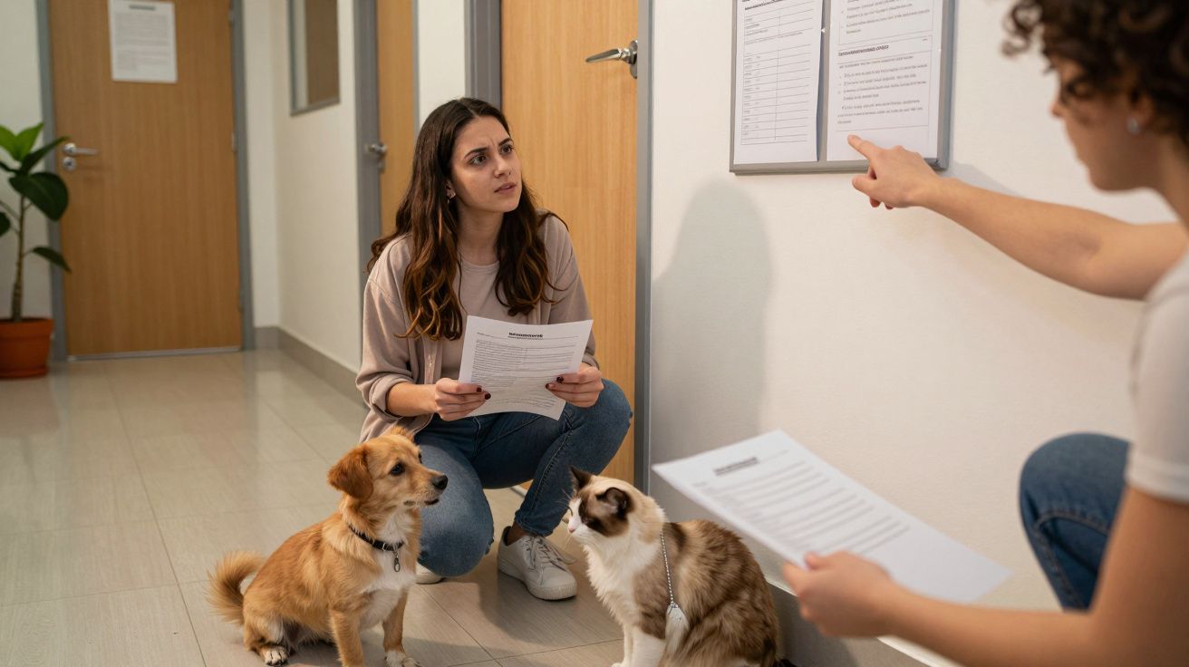 Mulher ajoelhada com cão e gato, segurando papel. Pessoa aponta para quadro na parede.