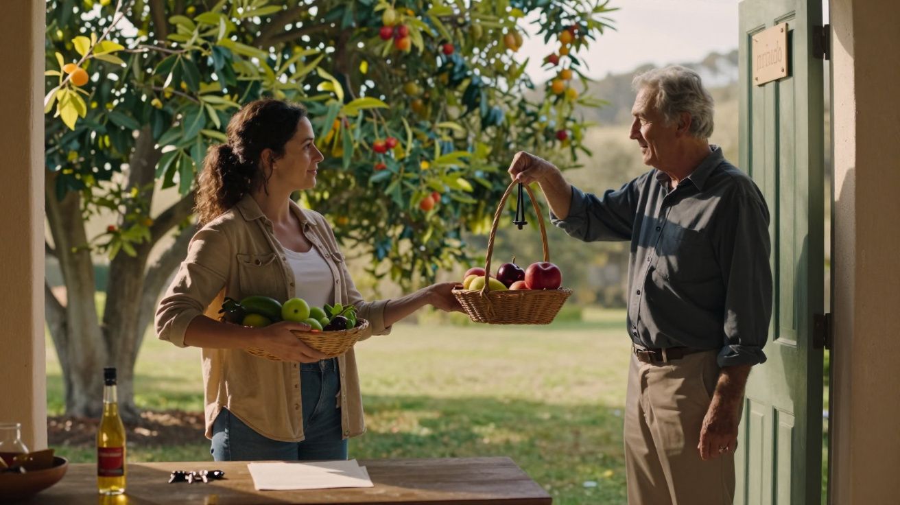 Homem e mulher trocam cestos de frutas à entrada de uma casa, com um pomar ao fundo.