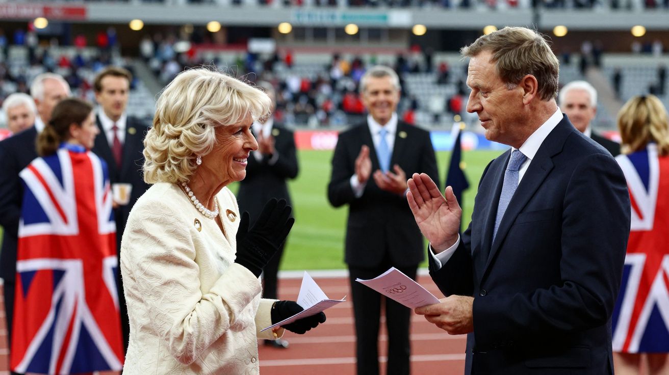 Duas pessoas em conversa formal num estádio, rodeadas por bandeiras do Reino Unido.