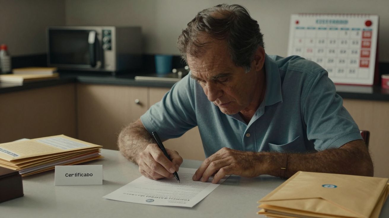 Homem idoso assina documento em escritório, com envelopes amarelos e calendário ao fundo.