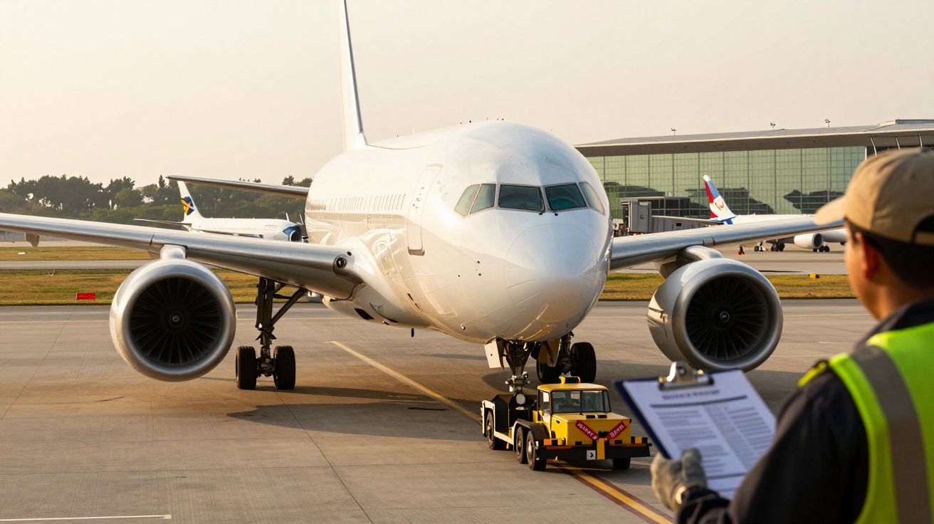 Avião comercial a ser rebocado na pista do aeroporto, com um funcionário em primeiro plano segurando uma prancheta.