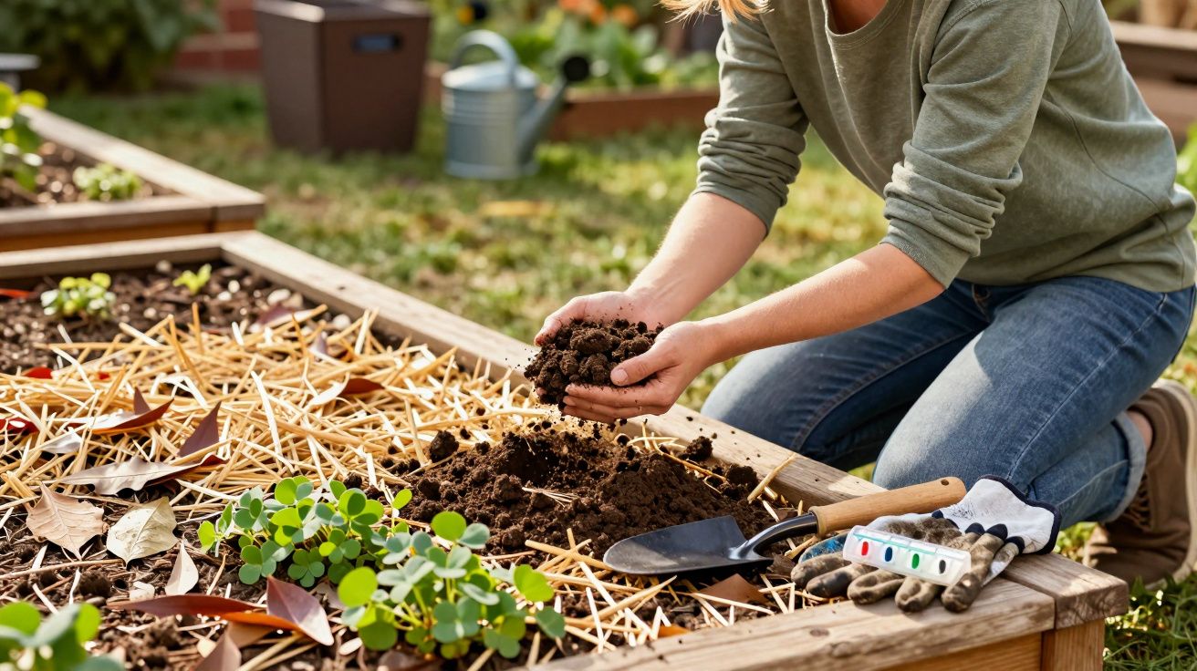 Pessoa a cultivar hortas elevadas com solo e ferramentas de jardinagem.