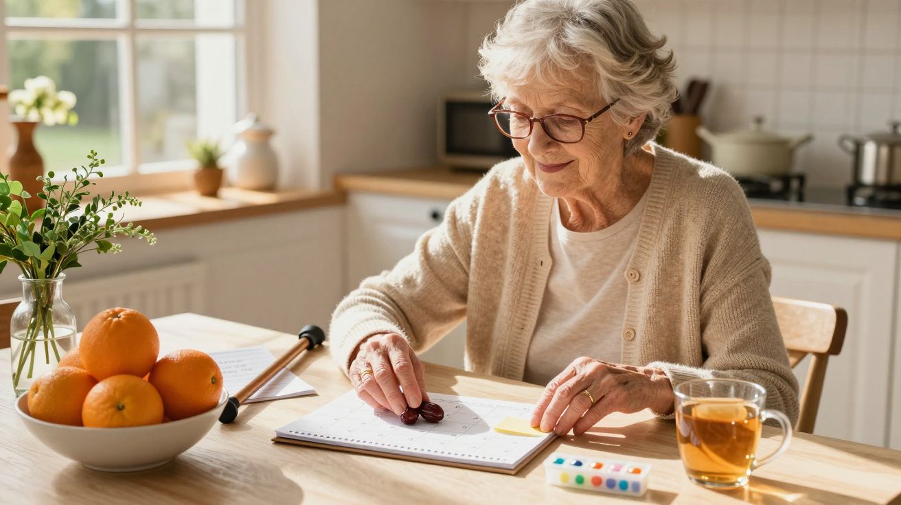 Idosa sorrindo, sentado à mesa da cozinha, a jogar com peças coloridas. Pano de fundo arejado com frutas e chá.